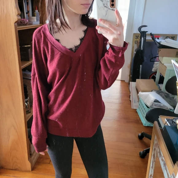 Wine Red Sweater with Black Lace detail - Picture 2 of 2